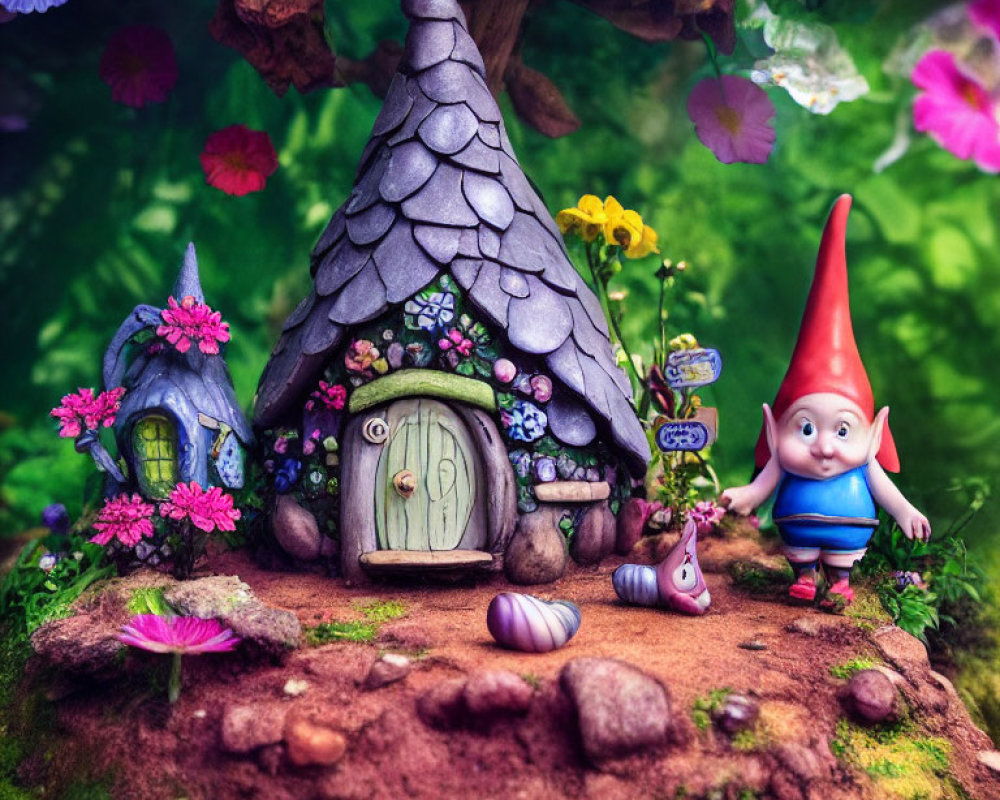 Whimsical garden scene with gnome, stone house, and vibrant flowers