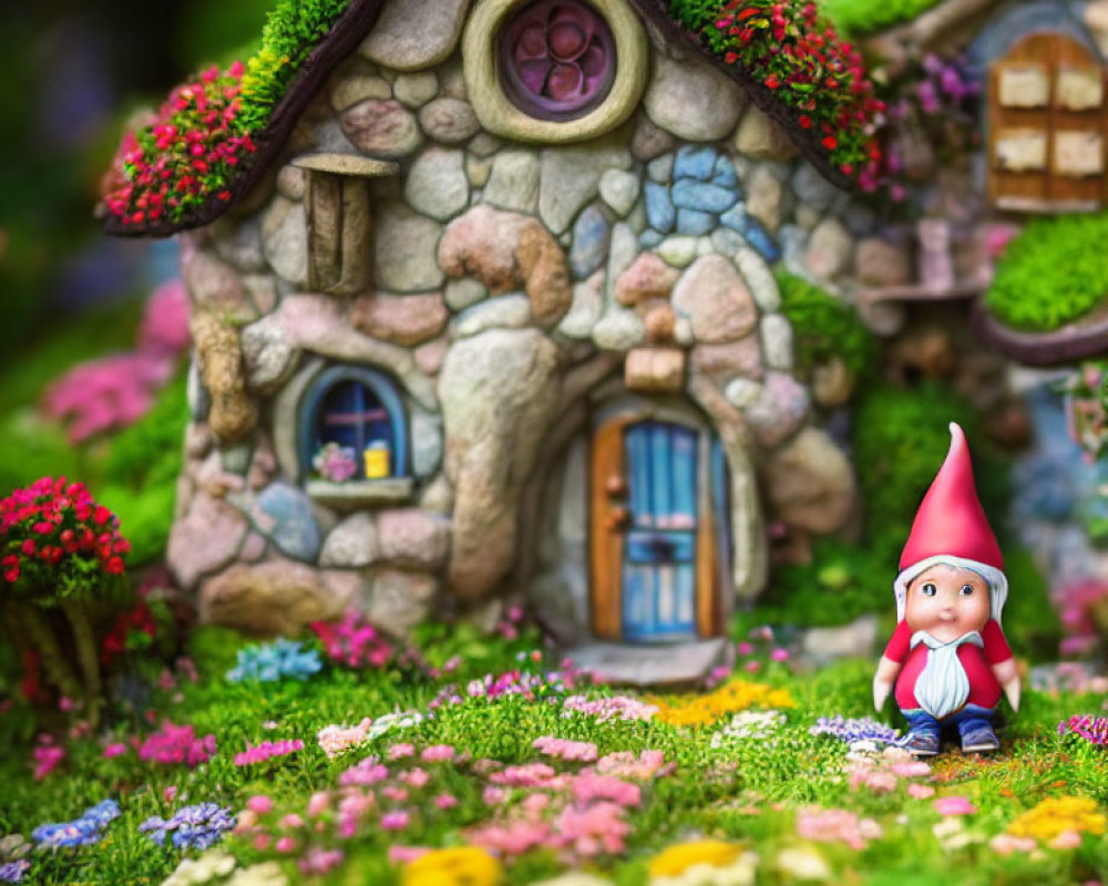 Vibrant garden with miniature moss-covered house and gnome statue