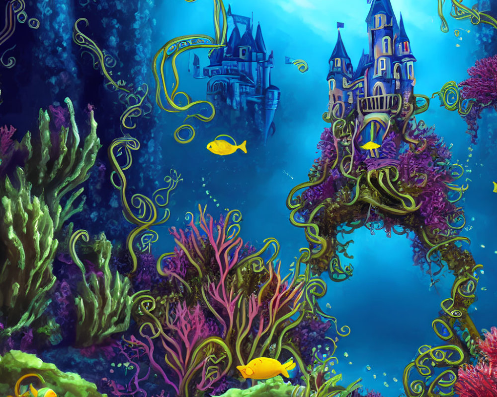 Colorful Underwater Scene with Castle, Corals, Fish, and Plant-like Forms