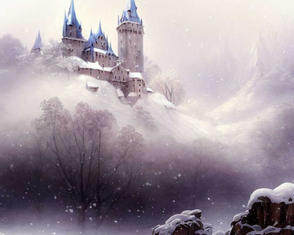 Snowy landscape with majestic castle and blue rooftops