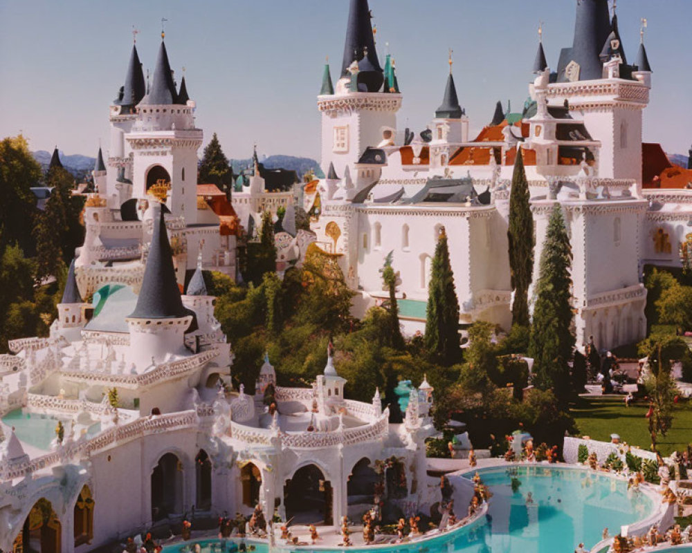 Castle with White Walls, Blue Rooftops, Lush Gardens, Turquoise Pool, Clear Blue