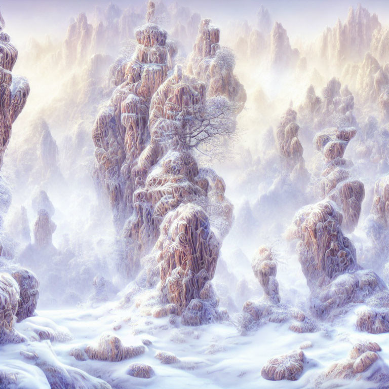 Snow-covered rock formations in misty winter landscape