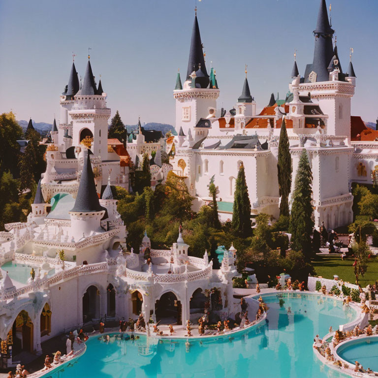 Castle with White Walls, Blue Rooftops, Lush Gardens, Turquoise Pool, Clear Blue