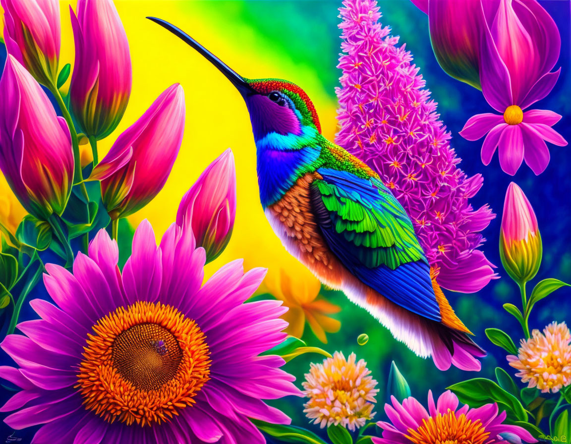 Colorful hummingbird surrounded by vibrant flowers on green background