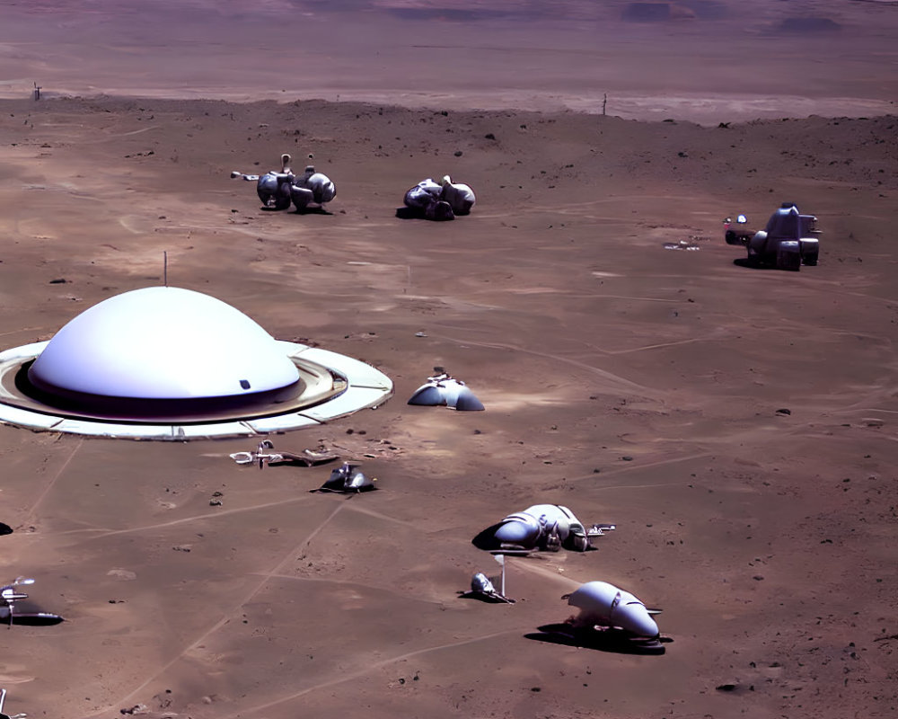 Futuristic Mars base with dome structures and vehicles on red terrain