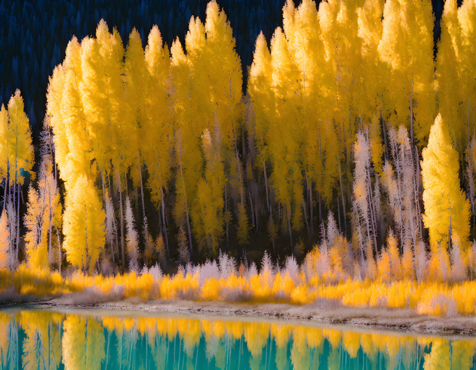 Vibrant yellow autumn trees mirrored in serene blue lake amid dark evergreen forest