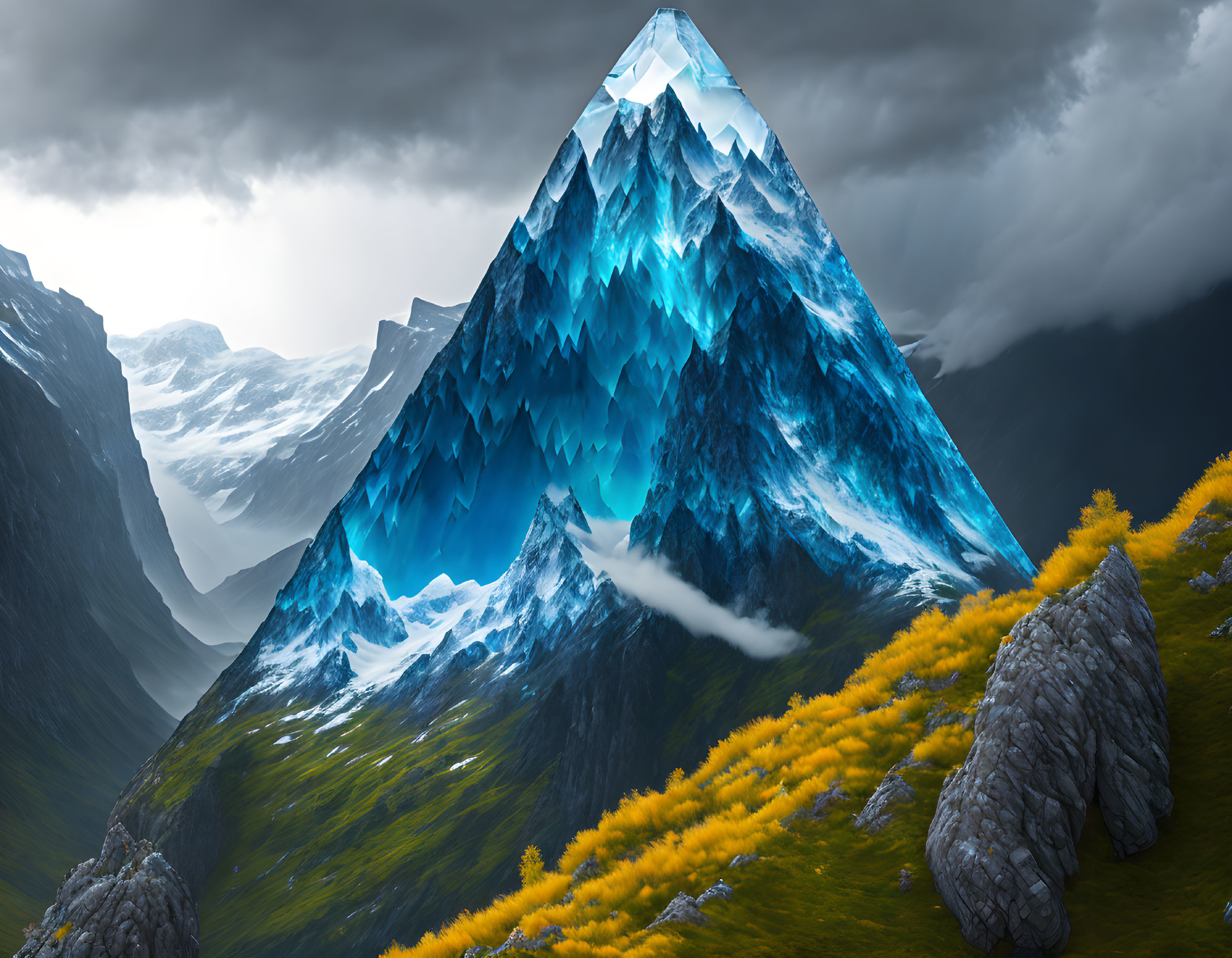 Digital Art: Icy Blue Mountain in Stormy Skies