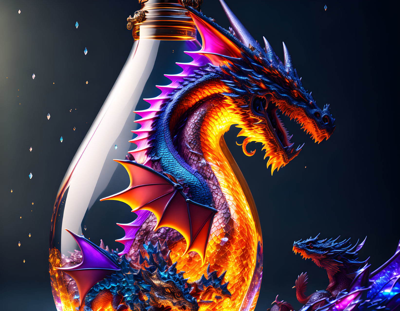 Colorful Dragon Encased in Clear Bottle on Dark Gradient Background