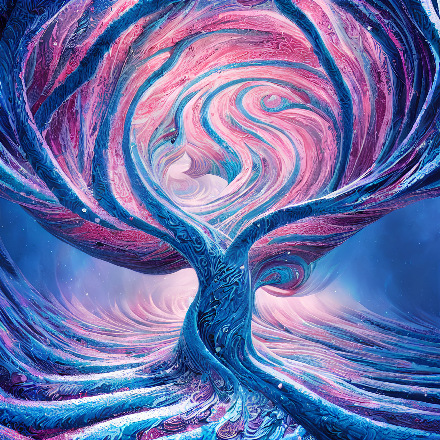 Colorful swirling tree against cosmic background: surreal and vibrant.