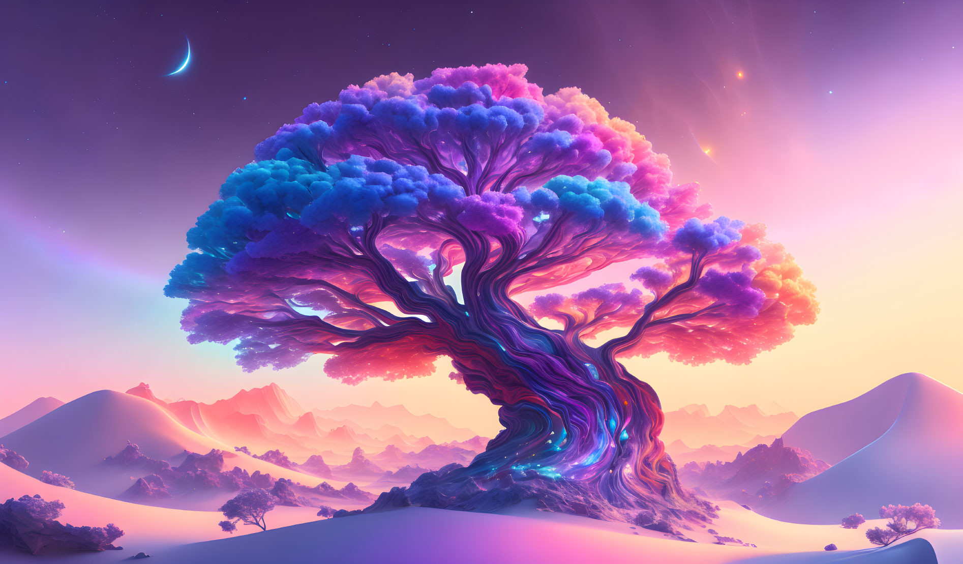 Surreal landscape with colossal tree and colorful foliage under twilight sky