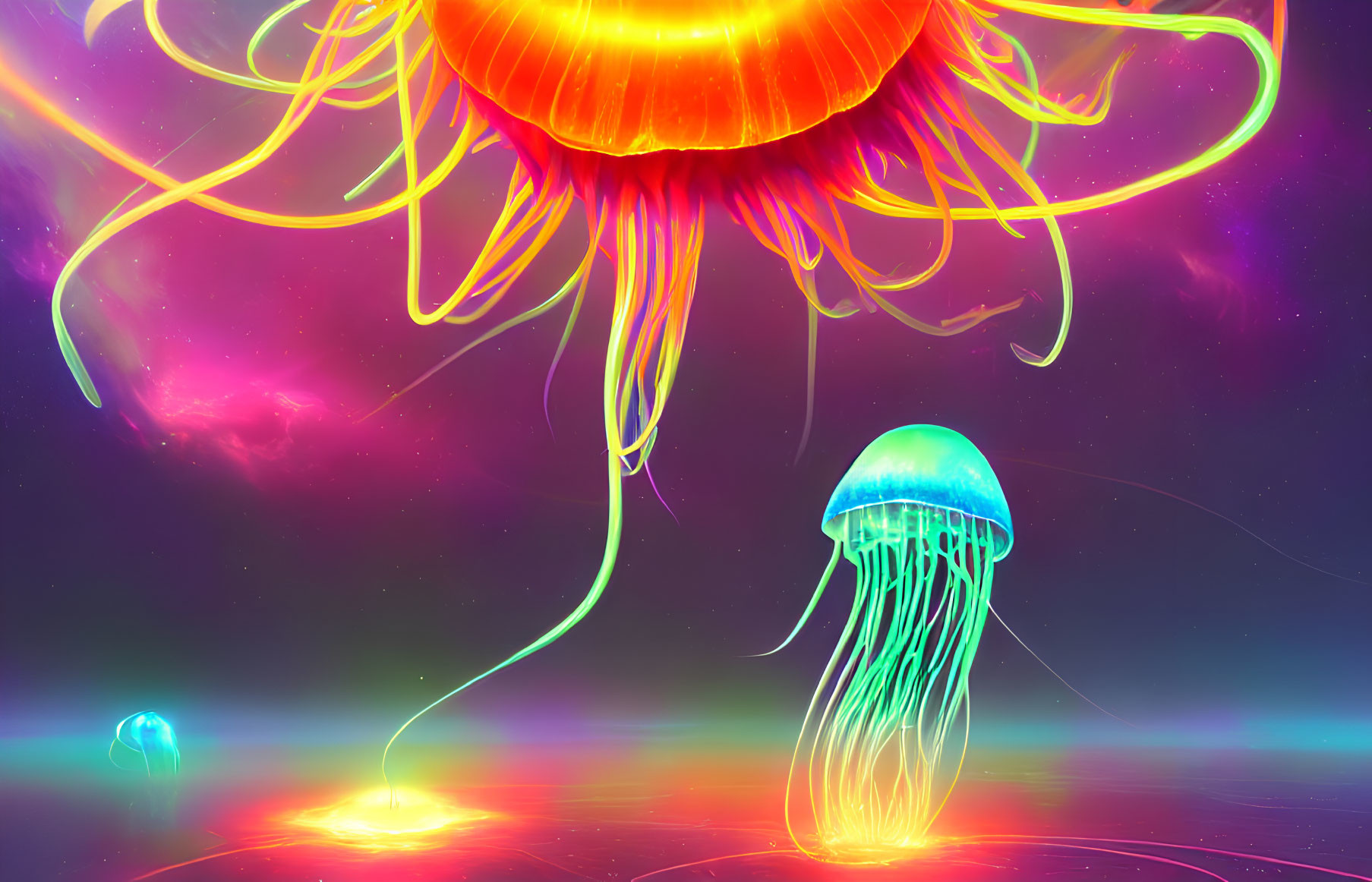 Colorful digital art: Glowing jellyfish in cosmic setting