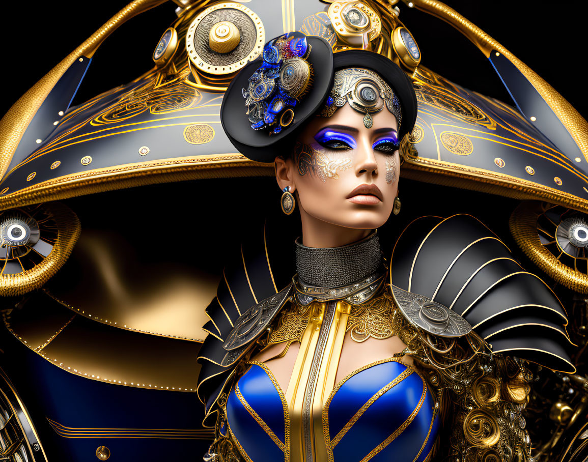 Futuristic woman with gold and blue headgear, armor, makeup, and mechanical parts.