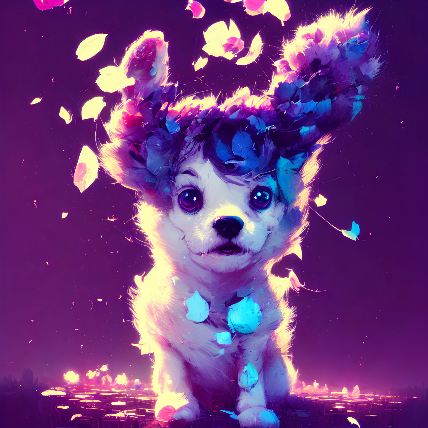 Colorful digital artwork: Whimsical puppy surrounded by floating flowers on neon-lit fantasy background