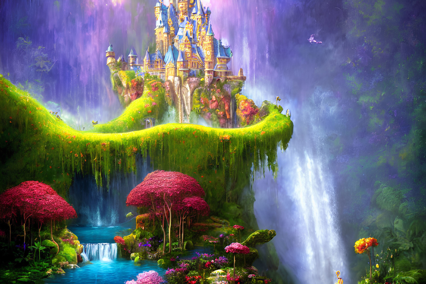 Majestic castle on waterfall in vibrant fantasy landscape