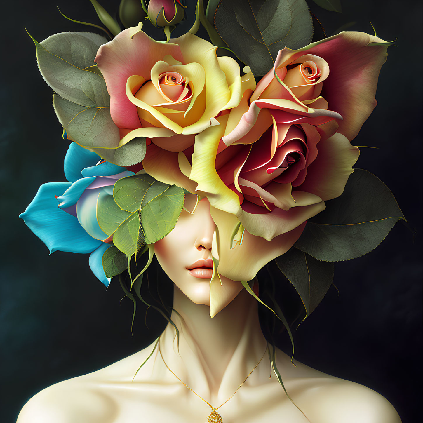 Woman with Colorful Rose Bouquet Headpiece on Dark Background