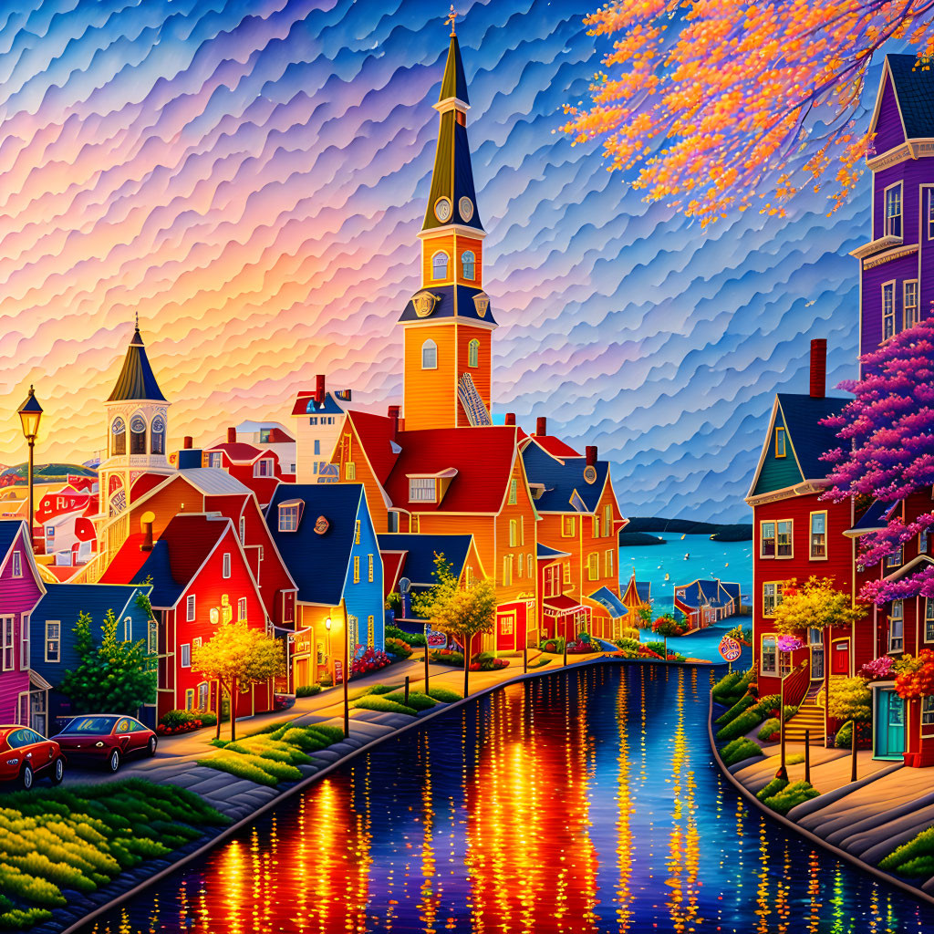 Vibrant town scene with canal buildings at twilight