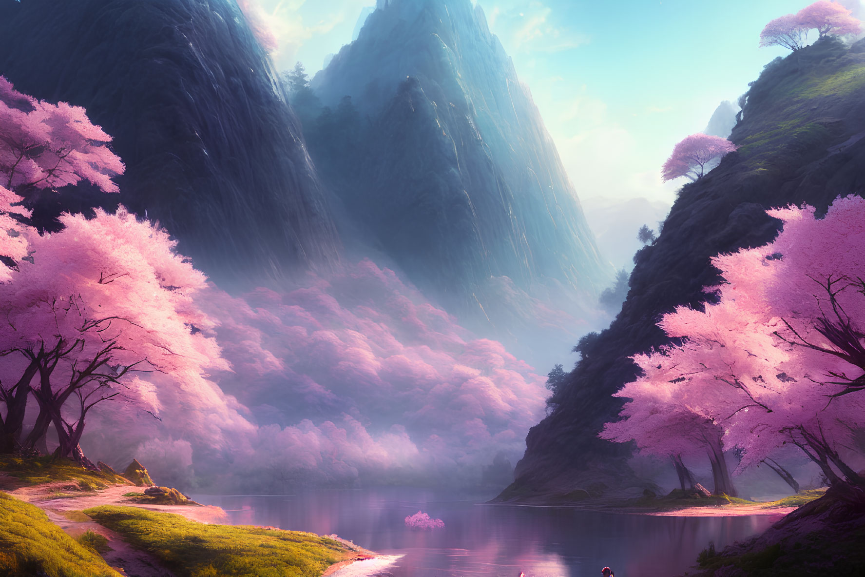 Tranquil river with cherry blossom trees and mountains