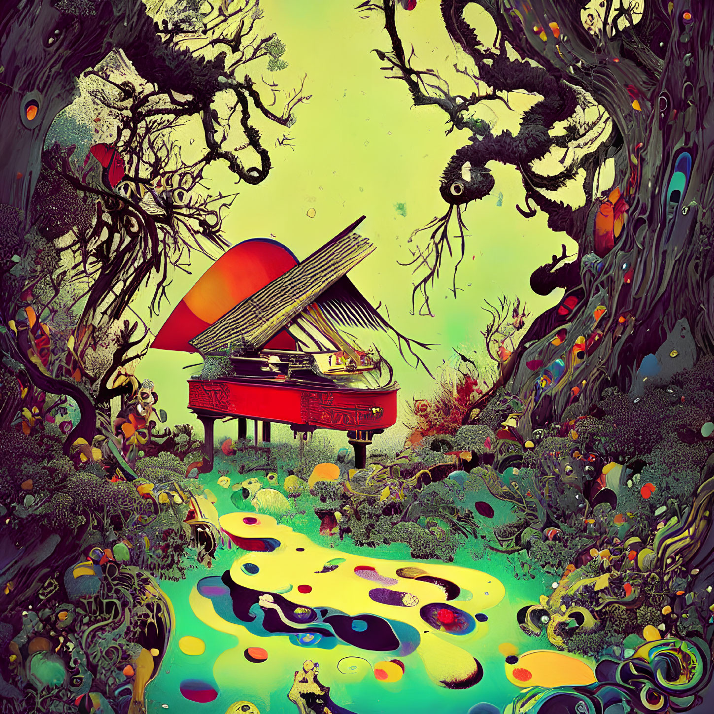 Colorful Grand Piano Illustration in Psychedelic Forest