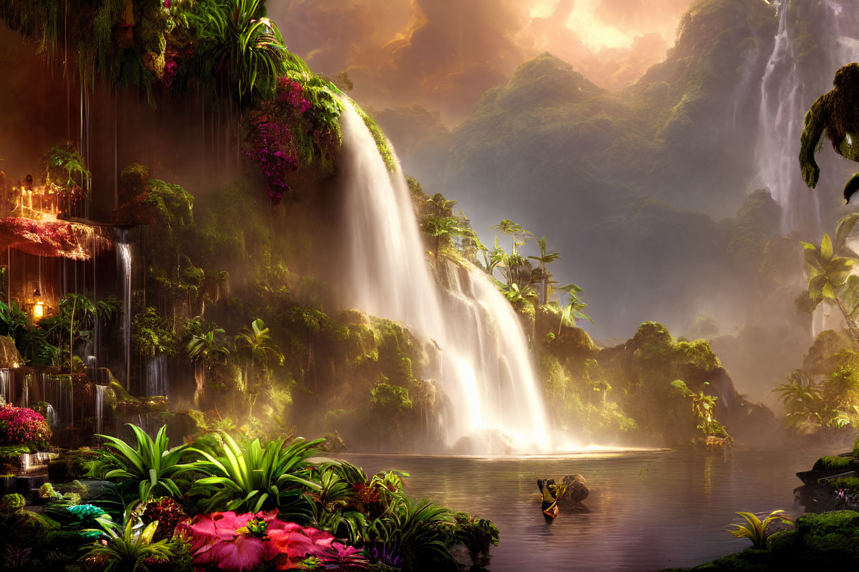 Tropical Paradise: Waterfalls, Greenery, Flowers, Lake, Sunlight