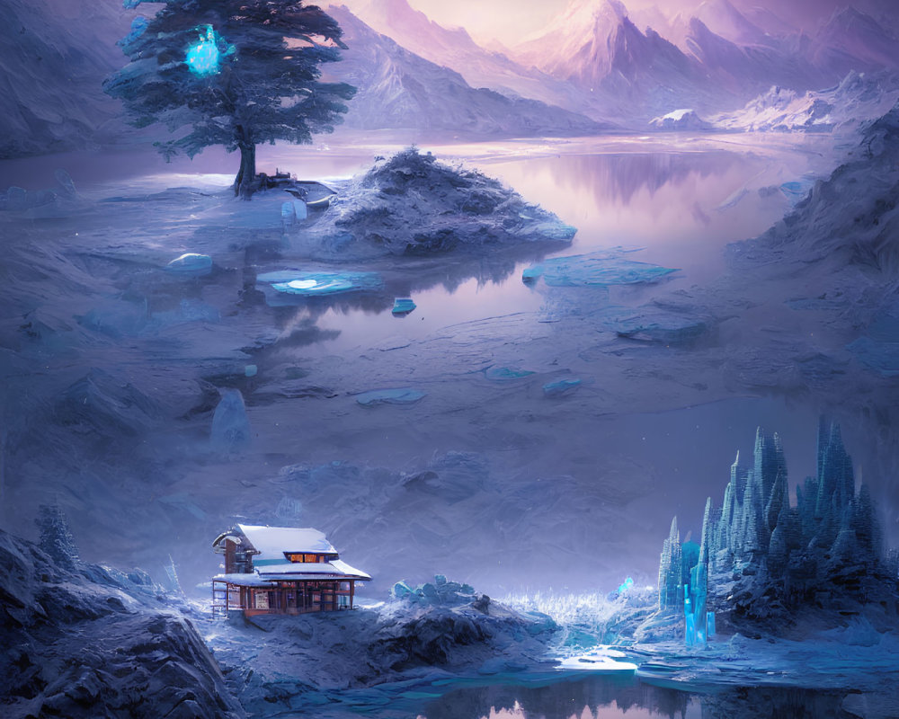 Glowing tree and crystal formations in serene fantasy landscape