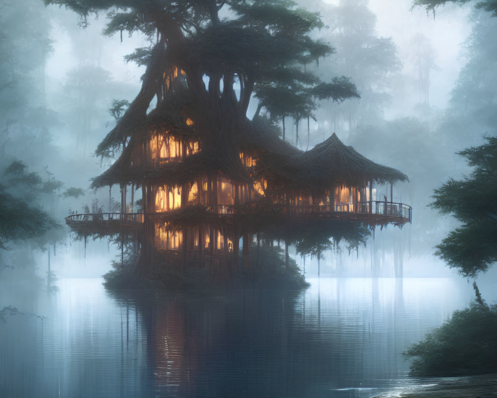 Ethereal treehouse in misty woods by tranquil lake at twilight