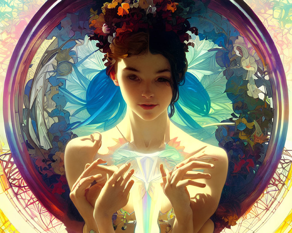 Woman with floral crown and blue hair in intricate circle with angelic figures and plants holding luminous crystal