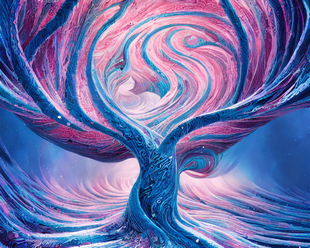 Colorful swirling tree against cosmic background: surreal and vibrant.