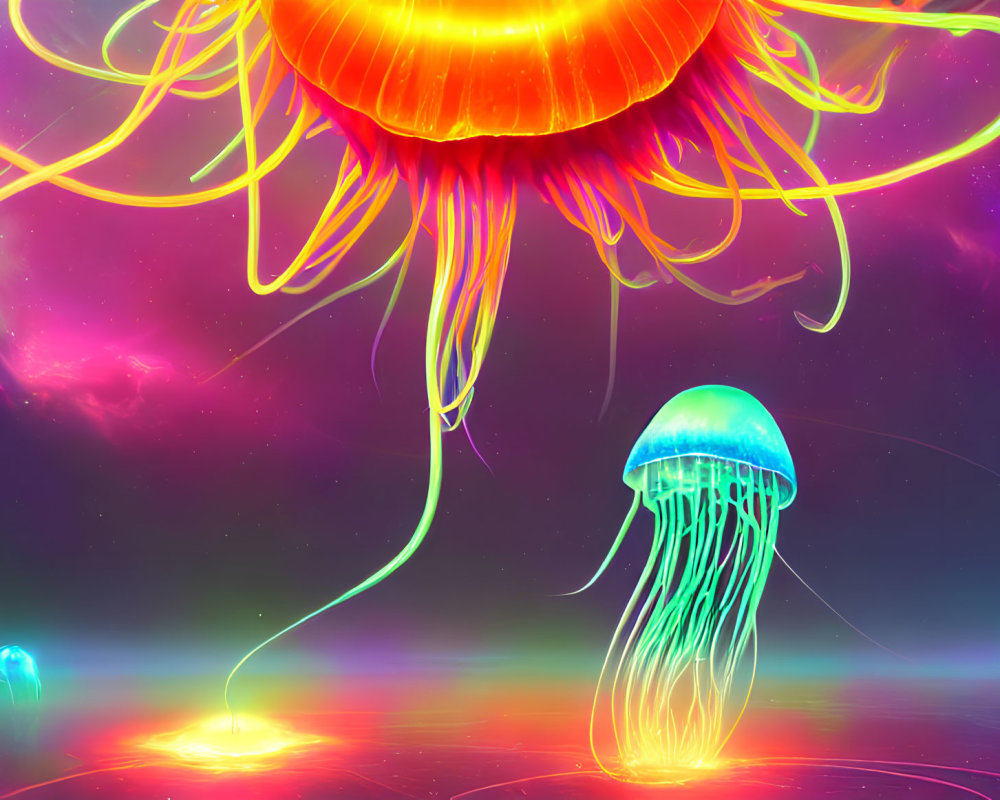 Colorful digital art: Glowing jellyfish in cosmic setting