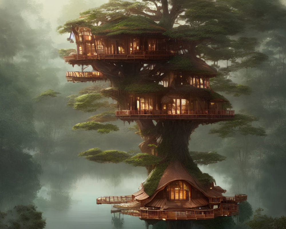 Glowing multi-level treehouse in misty forest with serene reflection