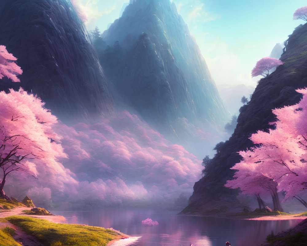 Tranquil river with cherry blossom trees and mountains