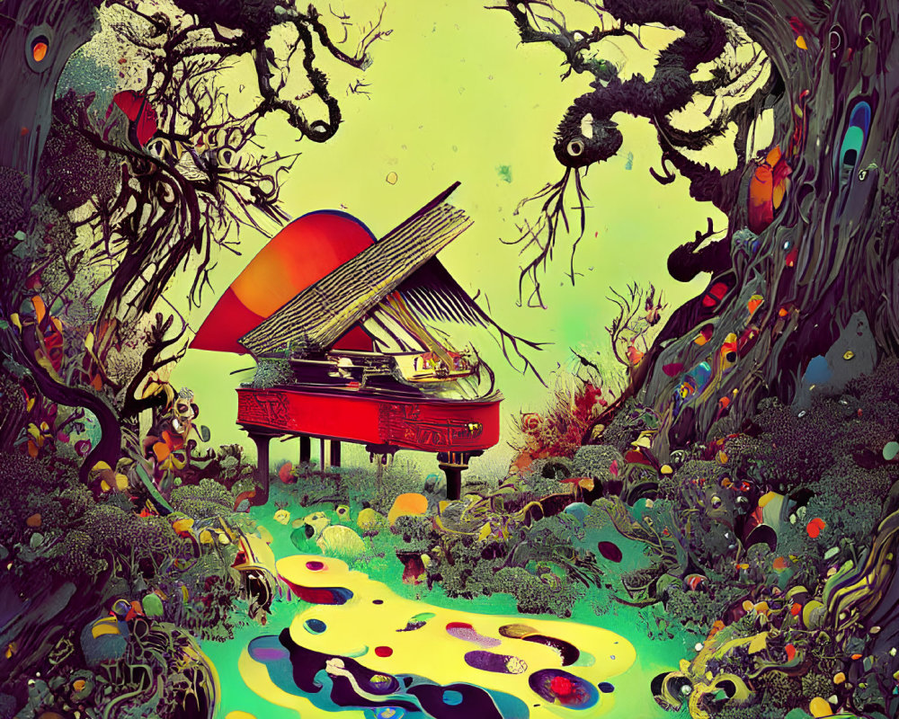 Colorful Grand Piano Illustration in Psychedelic Forest