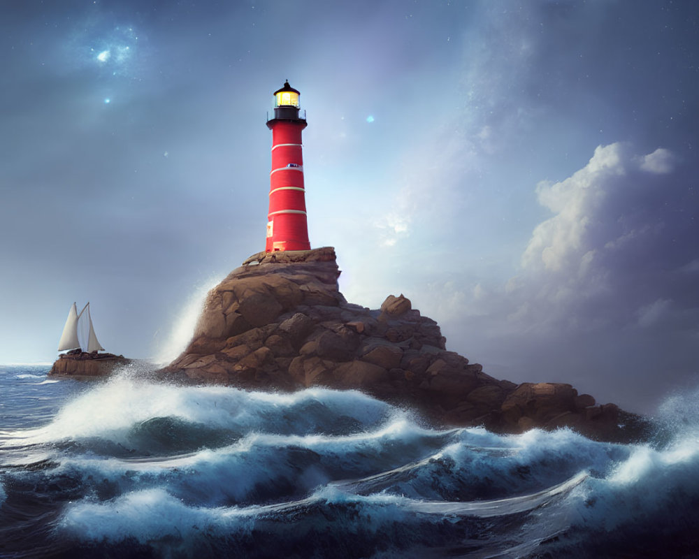 Red and white lighthouse on rocky cliff with sailboat, crashing waves, twilight sky.