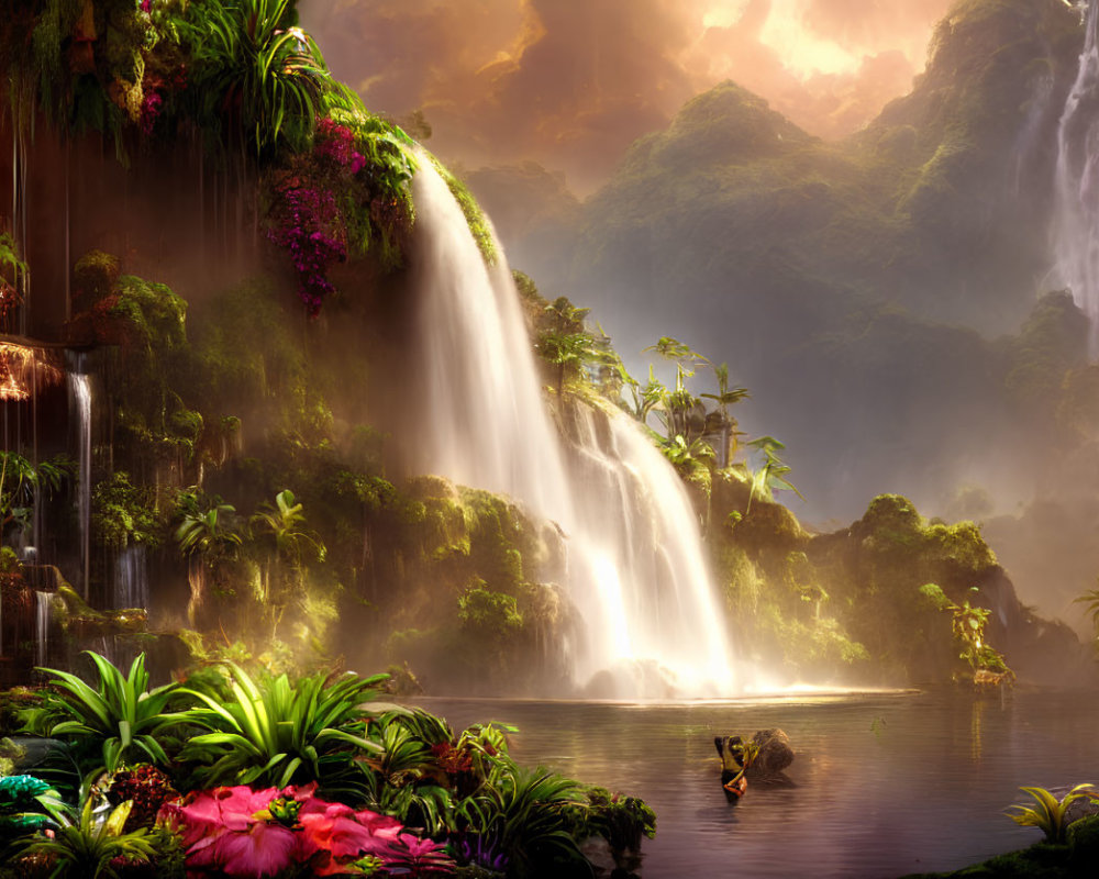 Tropical Paradise: Waterfalls, Greenery, Flowers, Lake, Sunlight