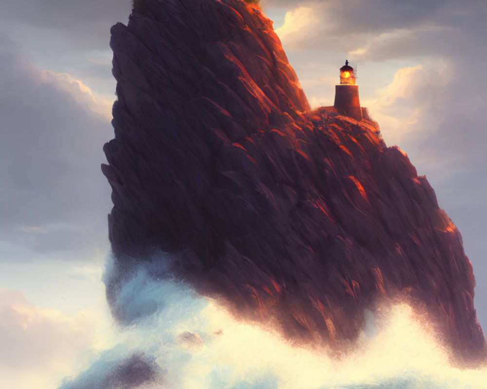 Majestic lighthouse on steep rock with dramatic waves and illuminated sky