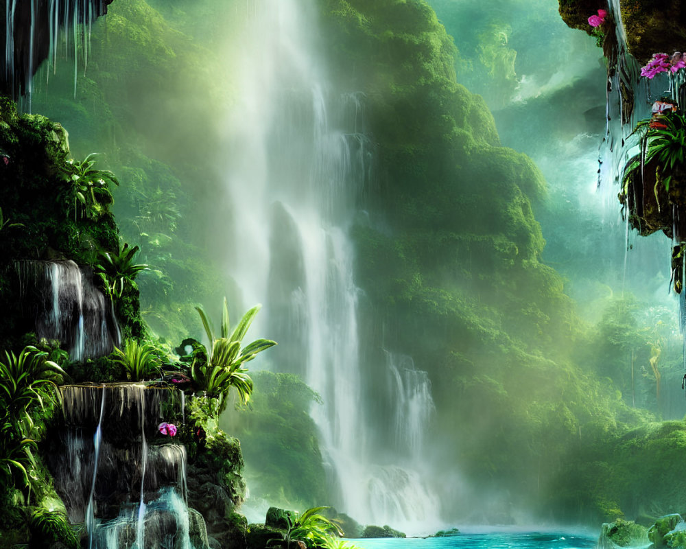 Tropical Forest with Cascading Waterfalls and Vibrant Flora