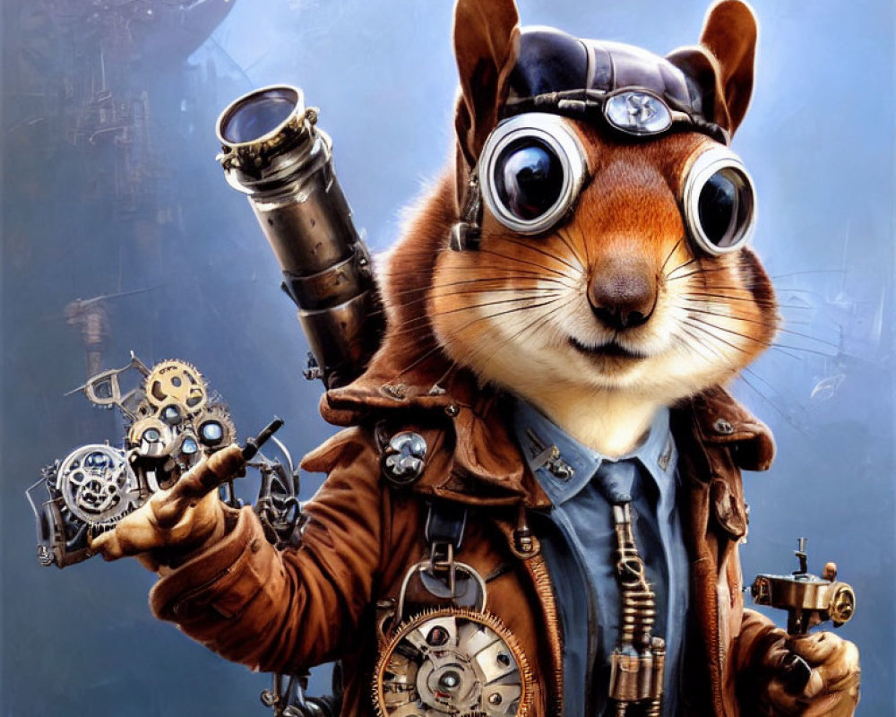 Steampunk-themed anthropomorphic squirrel with goggles and telescope