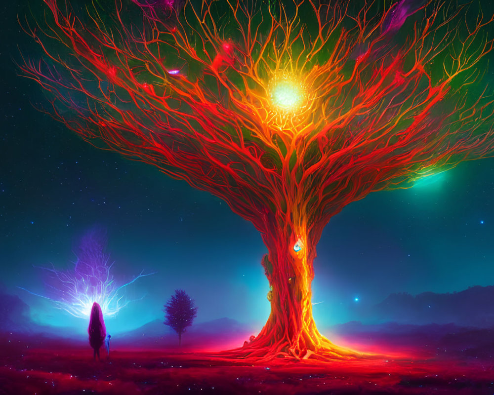 Mystical tree in dreamlike landscape with glowing branches