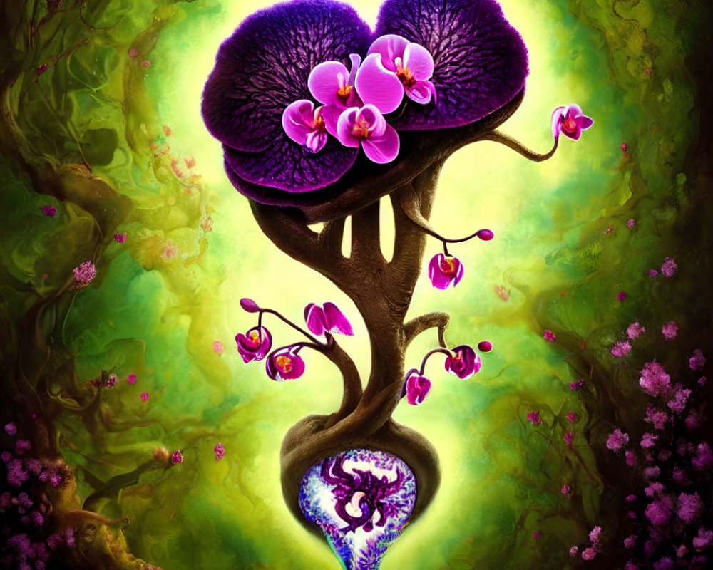 Fantastical tree with purple leaves and orchids on heart-shaped base against mystical green background