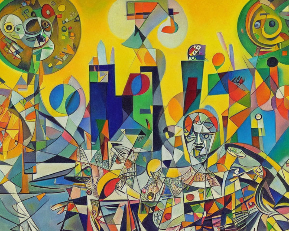 Vibrant Abstract Painting with Geometric Shapes and Fragmented Figures