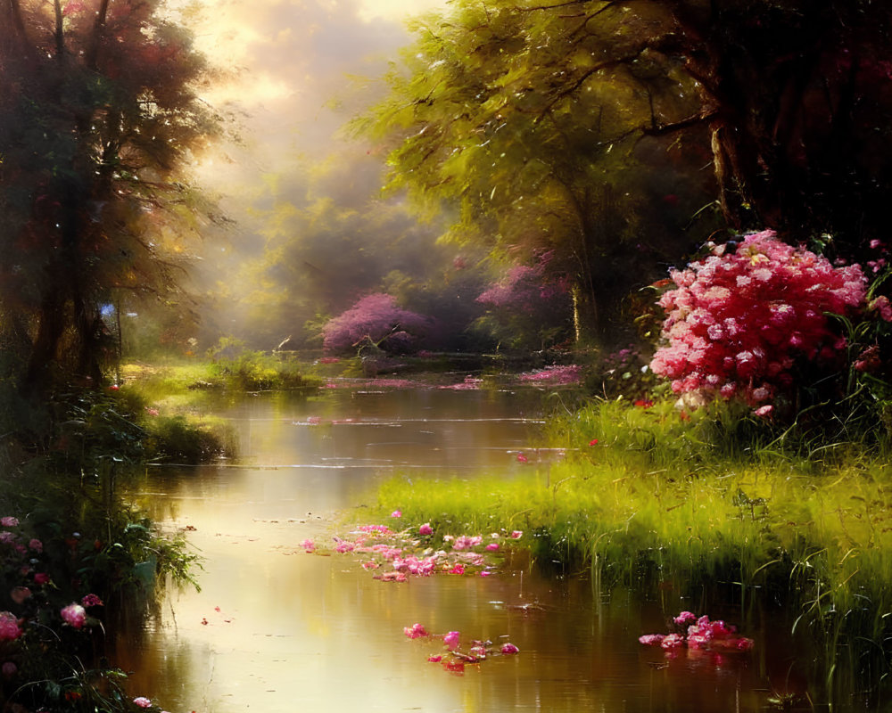 Tranquil river amidst greenery and blooming flowers