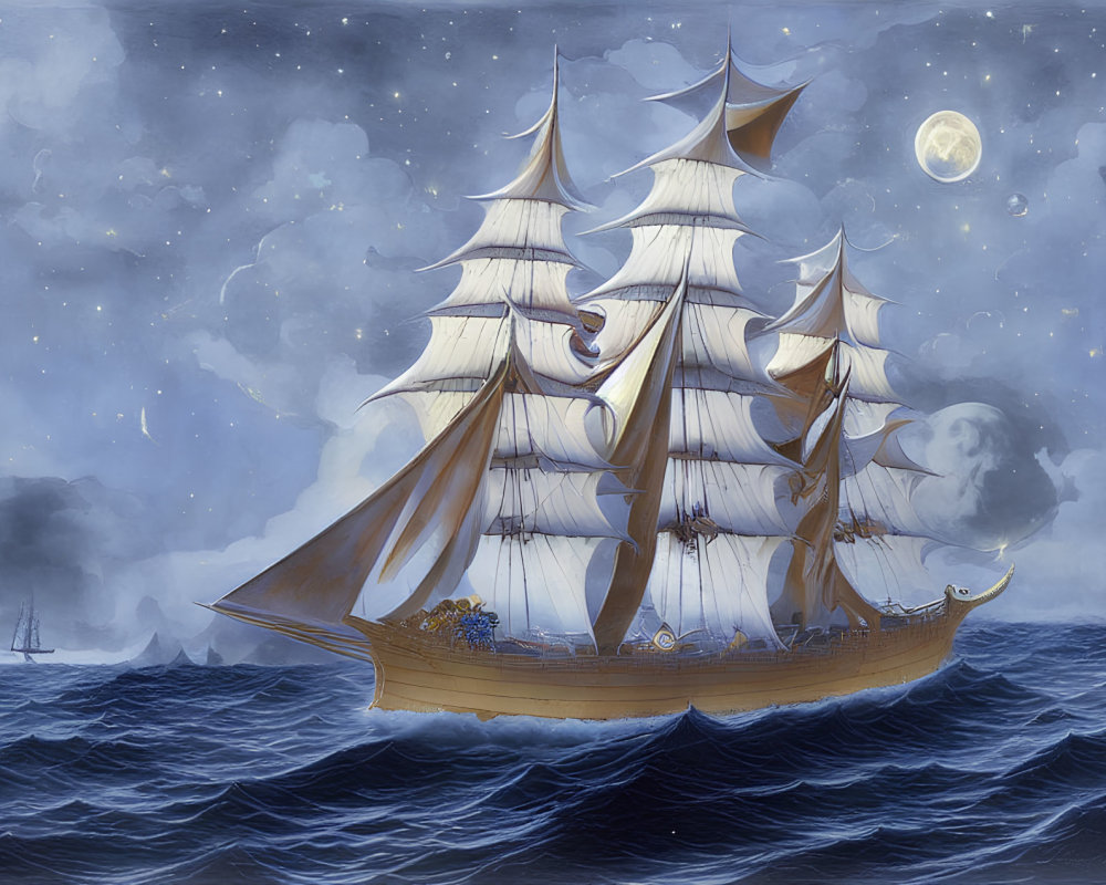 Majestic sailing ship with white sails on moonlit night sea