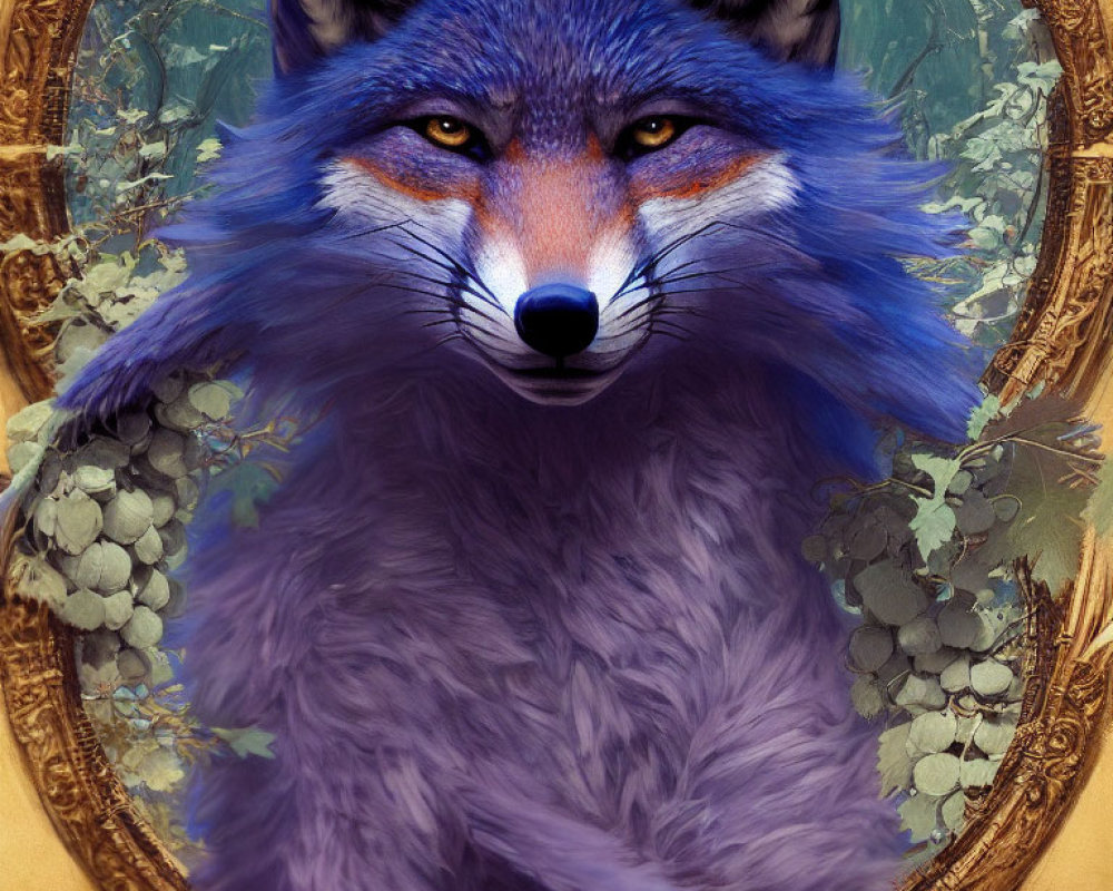 Detailed blue fox illustration in ornate circular frame with leafy motifs