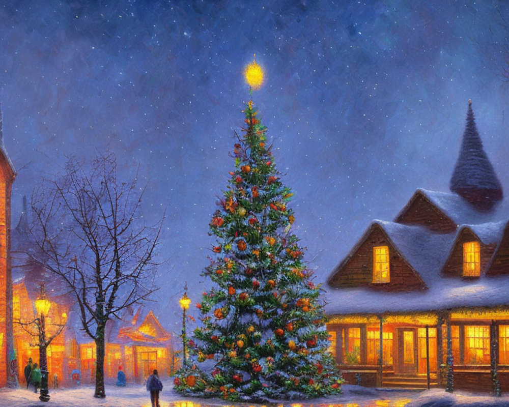 Festive Christmas tree with colorful ornaments in snowy village