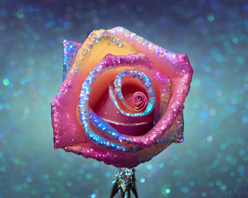 Vibrant Glitter-Coated Rose on Blue Sparkly Background