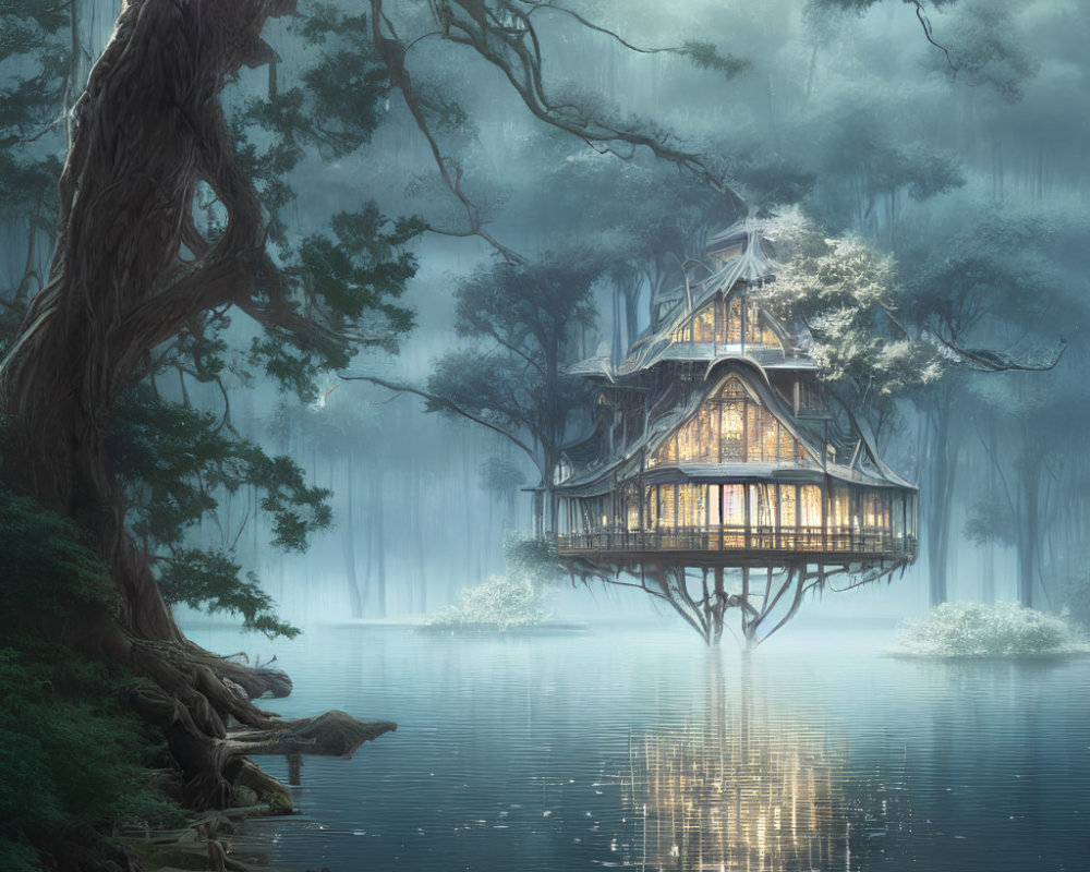 Ethereal treehouse in misty forest reflected on serene lake