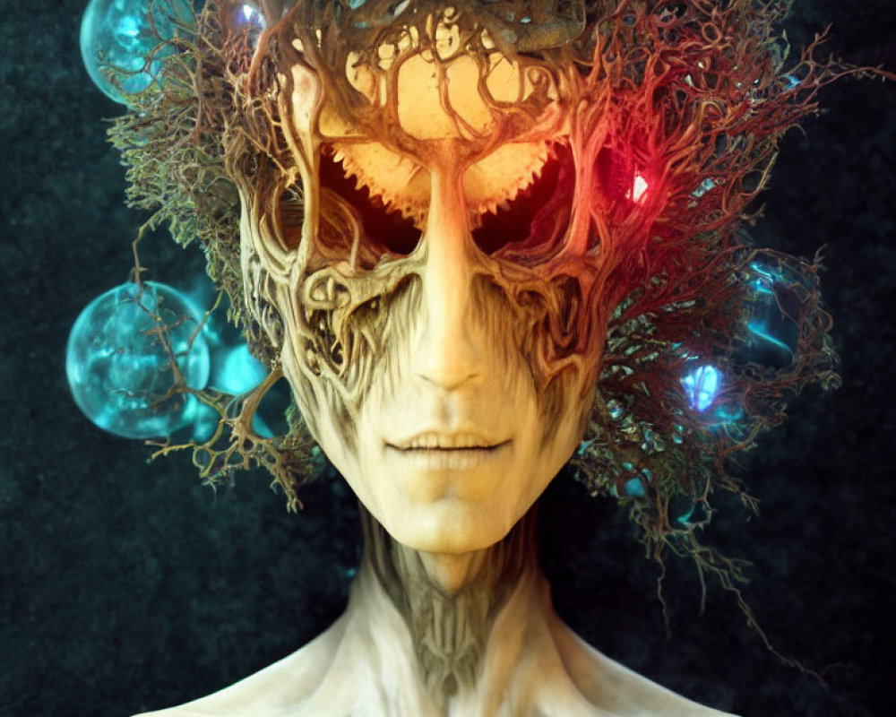 Fantasy portrait of humanoid with tree-like head and glowing eyes