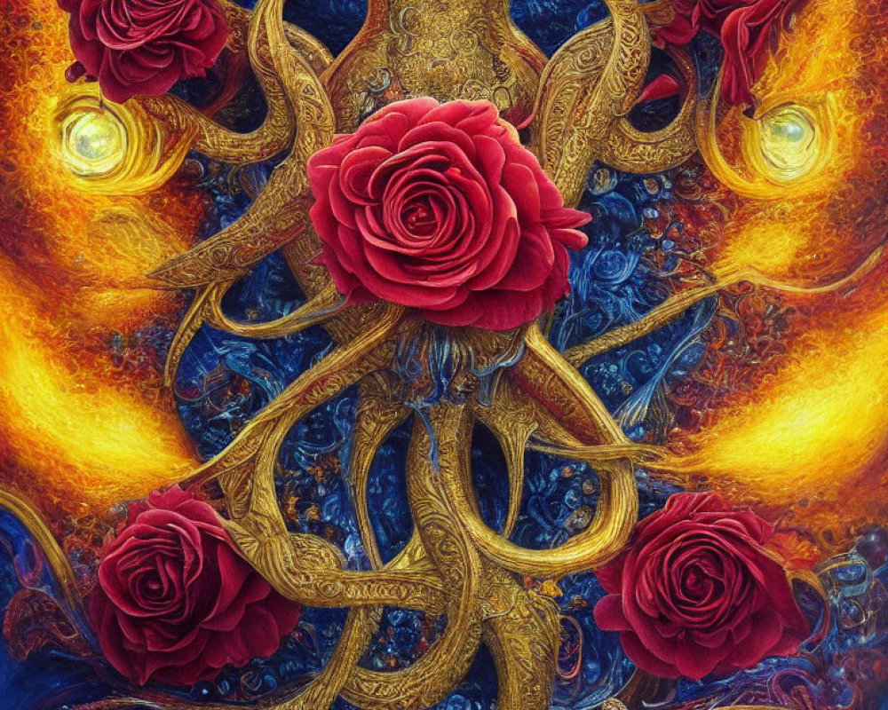 Symmetrical artwork with golden branches and red roses on cosmic backdrop
