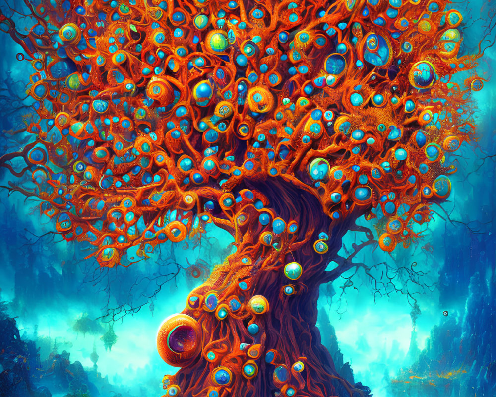 Colorful swirling orange tree with iridescent bubbles in mystical forest.