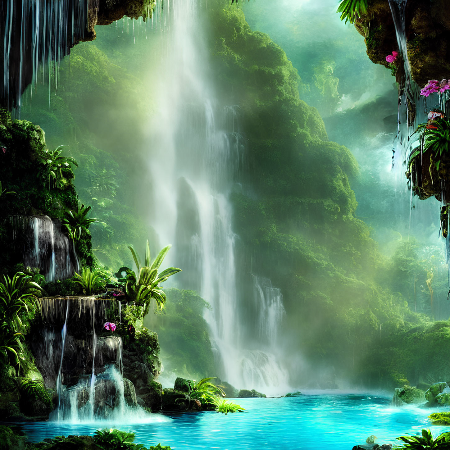 Tropical Forest with Cascading Waterfalls and Vibrant Flora