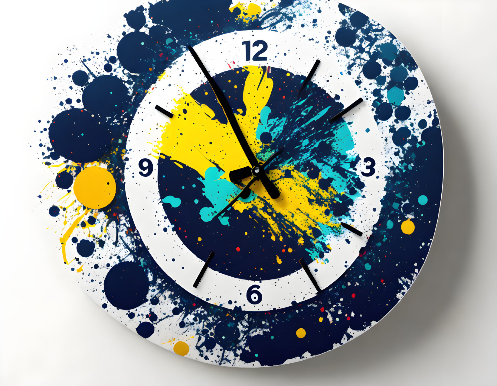 Colorful Splattered Paint Wall Clock in Blue, Yellow, and White Hues